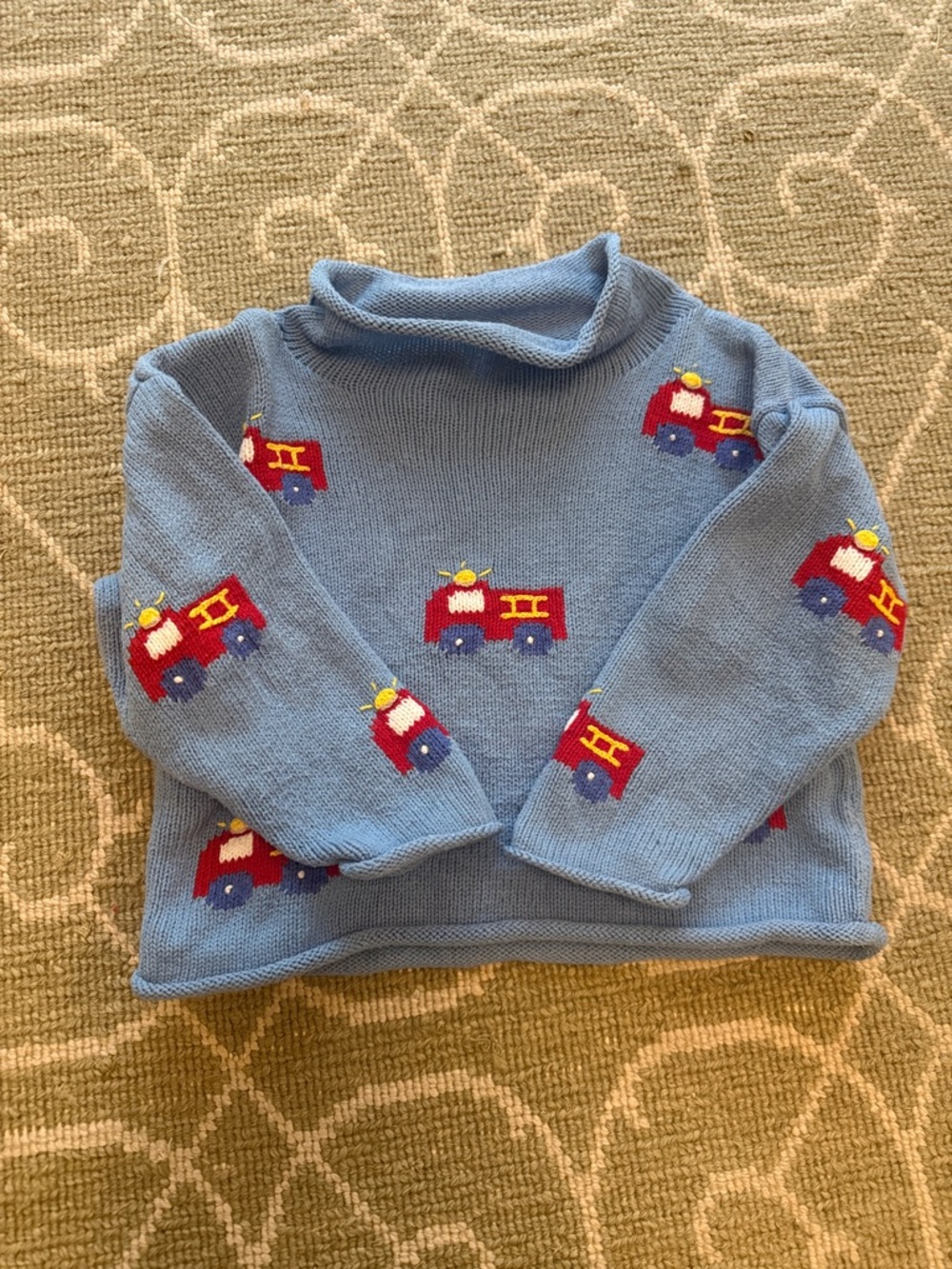 Light Blue Kids Sweater with Red Fire Truck Motif Rollneck 24 Months